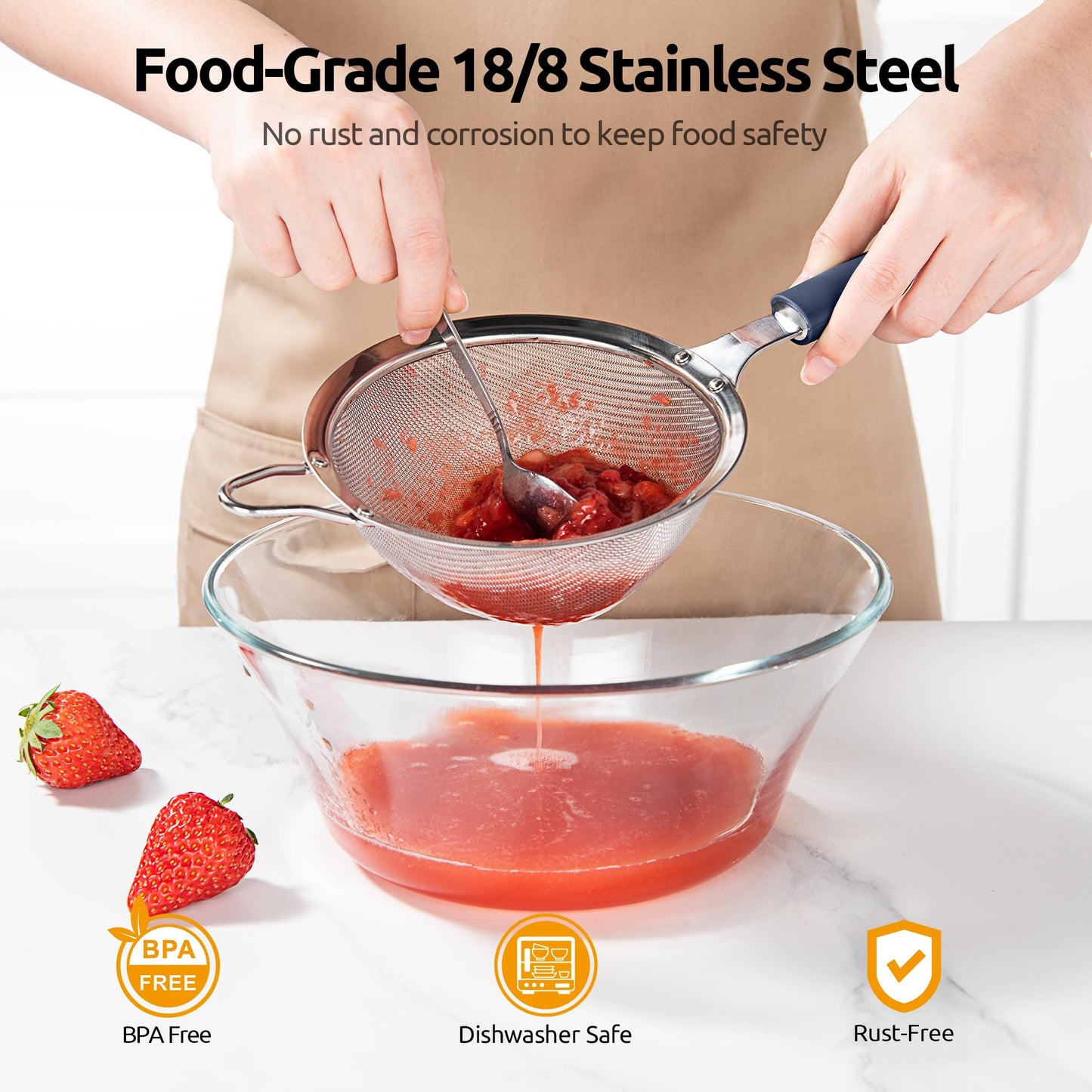 U-Taste Medium Fine Mesh Strainer: 18/8 Stainless Steel 4.73in 30 Mesh Kitchen Food Sieve with Sturdy Riveted Silicone Handle, Heavy Duty Deep Handheld Metal Colander for Rice, Quinoa(Midnight Blue)
