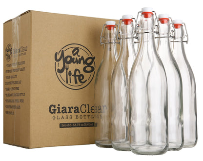 AYL Flip Top Glass Bottle [16 fl. oz./Pack of 6]– Swing Top Brewing Bottle with Stopper for Beverages, Oil, Vinegar, Kombucha, Beer, Water, Soda, Kefir – Airtight Lid & Leak Proof Cap – Clear