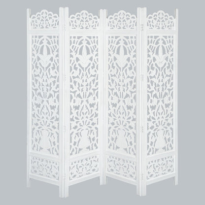 Lightnpro 4-Panel Wooden Room Divider 72"×72" - Hand-Carved Floral Folding Privacy Screen | Pre-Assembled Large Decorative Partition for Living Room, Bedroom, Office & Boho Home Décor - Antique White