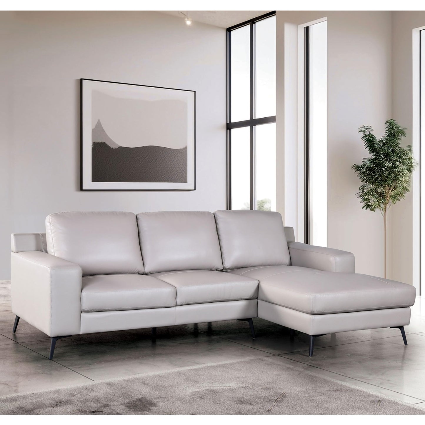 Furniture of America Ronan Modern Leather Sectional Sofa with Chaise and Pillows, L Shaped Couch for Living Room, Bedroom, FSC Certified, Right-Facing, Light Gray
