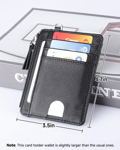 Teskyer Slim Card Holder Wallet with Zip Pocket, RFID Blocking, Total 9 Compartments Large Capacity, 3.5" x 4.7" (Slight Larger Than Usual), Faux Leather - Black