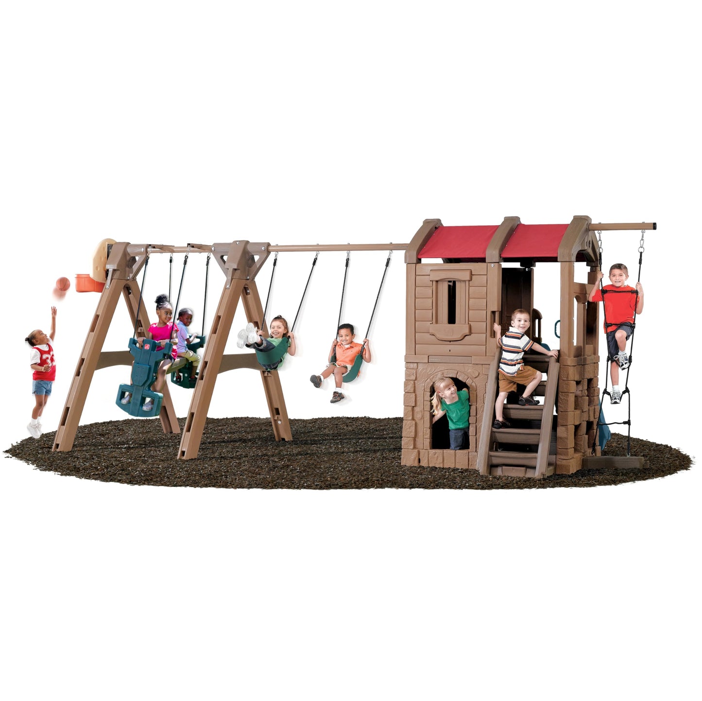 Step2 Naturally Playful Adventure Lodge Play Center with Glider, Kids Outdoor Playset, Two Tier Backyard Playground Set, Slide, Swings, Rope Ladder, Basketball Hoop, Jungle Gym, Children 3-8 Years Old
