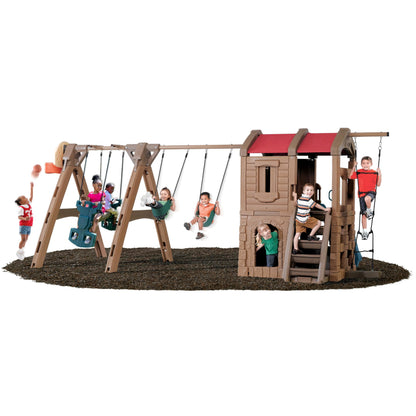 Step2 Naturally Playful Adventure Lodge Play Center with Glider, Kids Outdoor Playset, Two Tier Backyard Playground Set, Slide, Swings, Rope Ladder, Basketball Hoop, Jungle Gym, Children 3-8 Years Old
