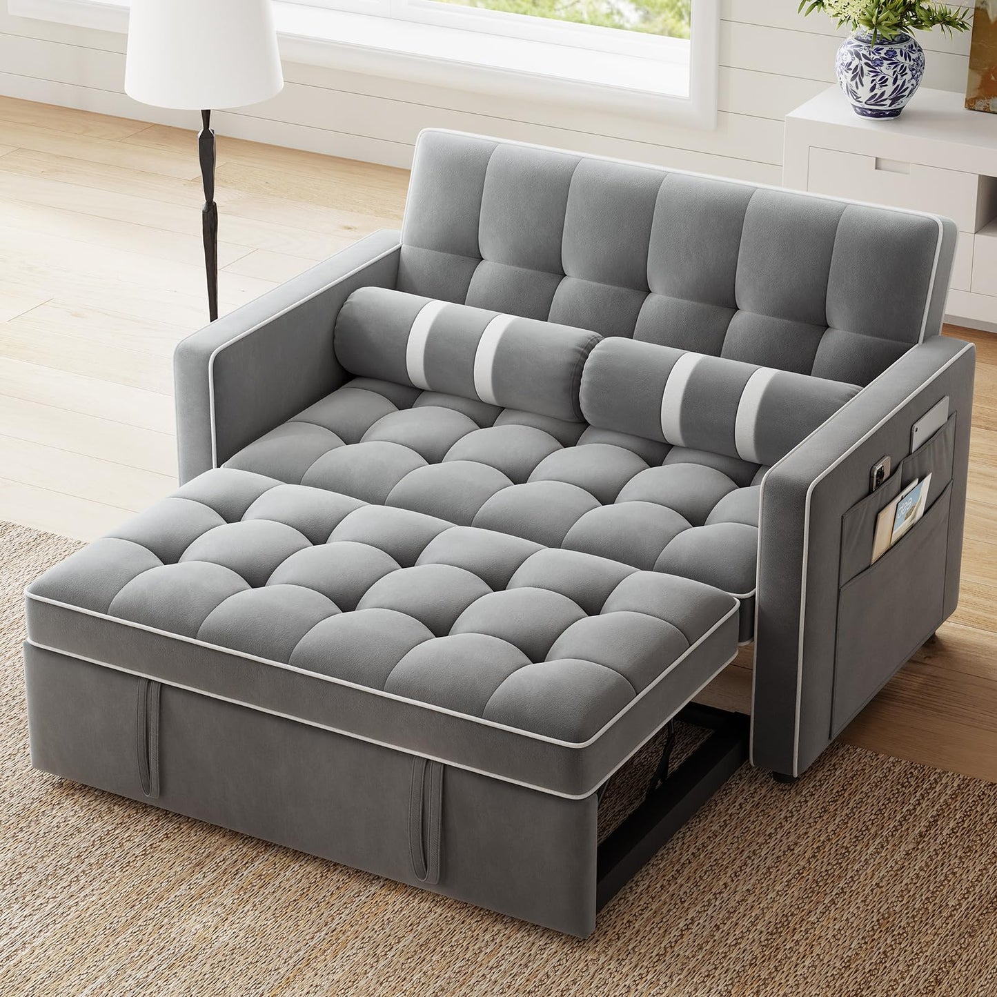 Marsail 3-in-1 Convertible Futon Sleeper Sofa Bed, Pull Out Couch with Adjustable Backrest, USB Charging & Side Pockets, Velvet Fabric Sofa for Living Room, Apartment, Loveseat, Grey