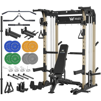 MAJOR FITNESS F22 Power Rack with Weight Bench, Barbell & 230lbs Weight Plates, 1600lbs Heavy-Duty All-in-One Squat Rack with Cable Crossover, Dual Pulley System & Attachments for Home Gym, Khaki