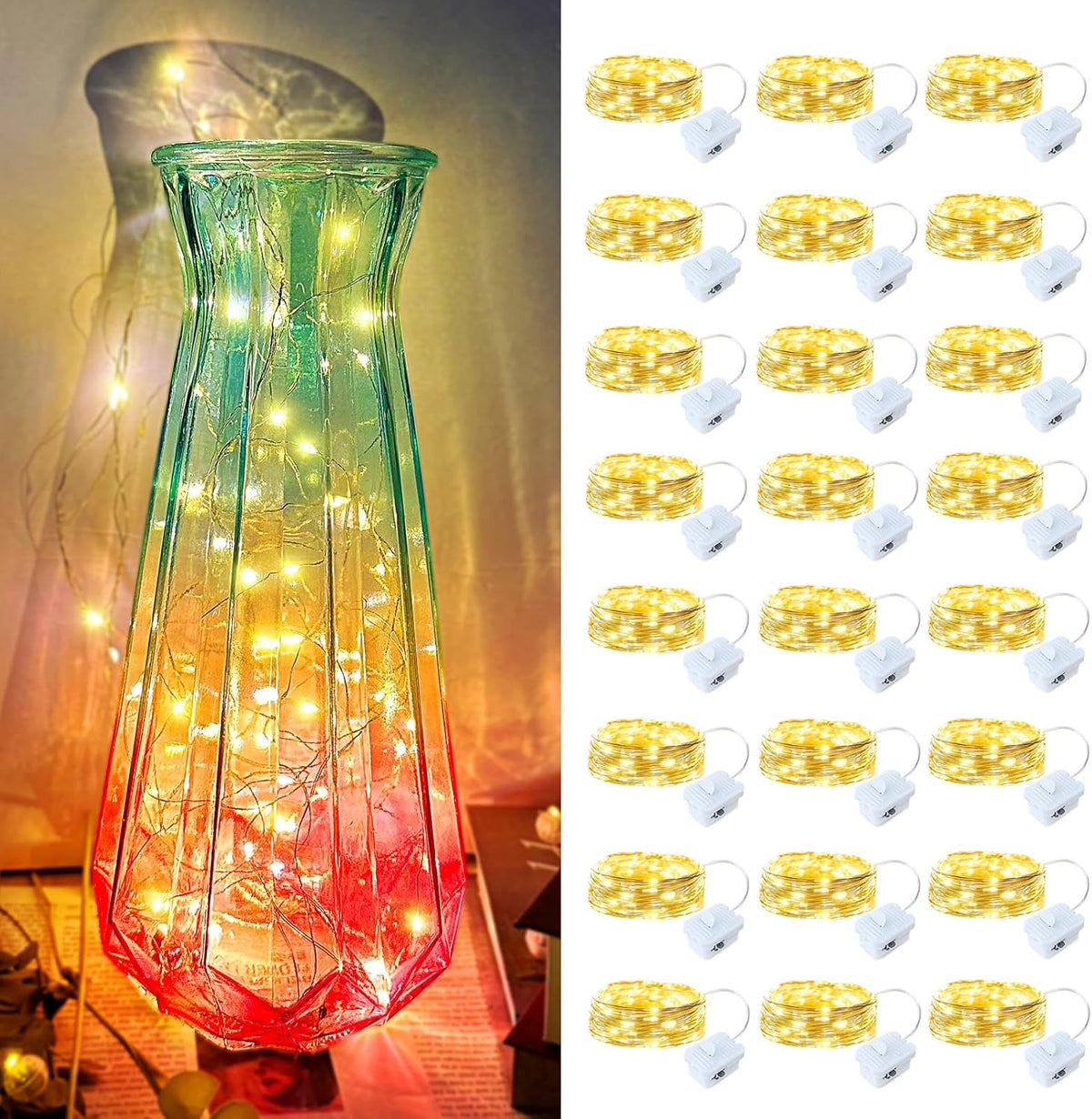24 Pack 7FT 20LED Led Fairy Lights - Warm White, Battery Operated LED Silver Wire String Lights, Mini Firefly Starry