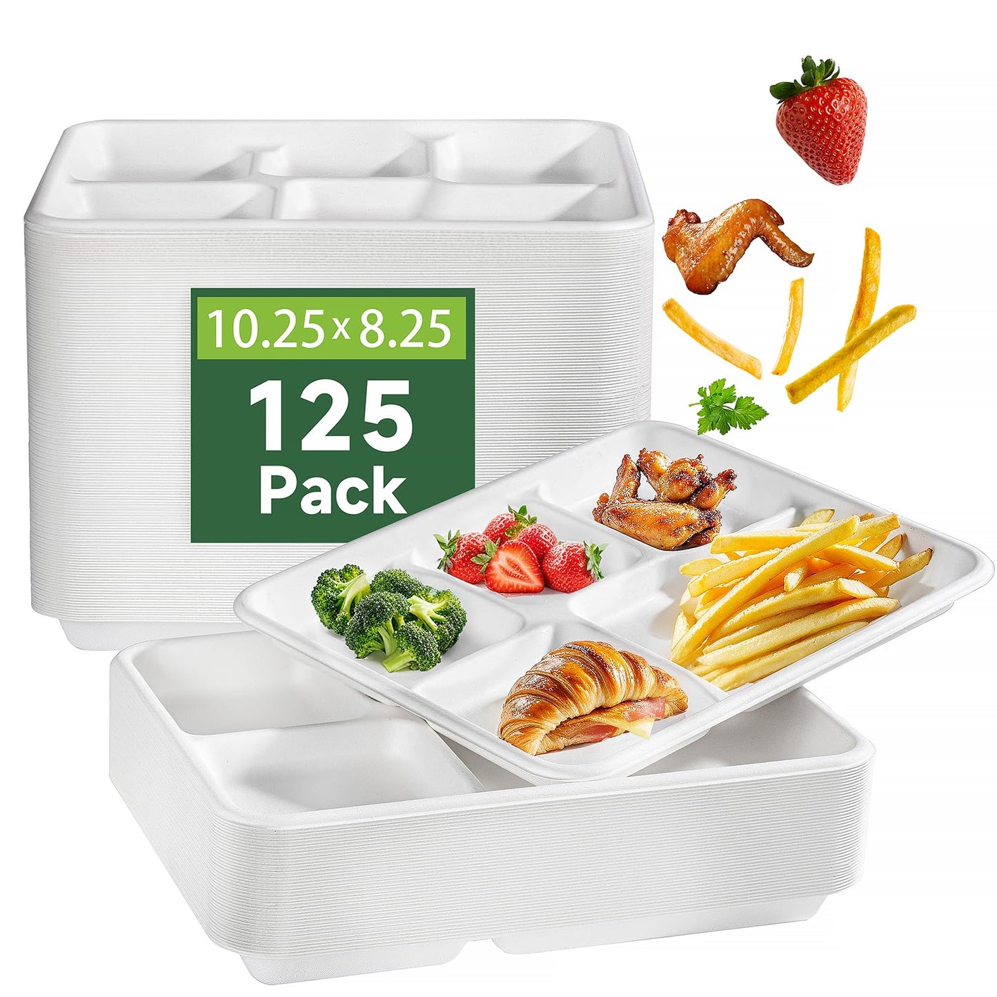 WELLIFE 125 Pack Kids Small 5-Compartment Paper Plates, 10.25x8.25 Inch 100% Compostable Divided Plates, Disposable School Lunch Trays, Eco-Friendly Bagasse Plate for Boys Girls and Youth (BPA Free)