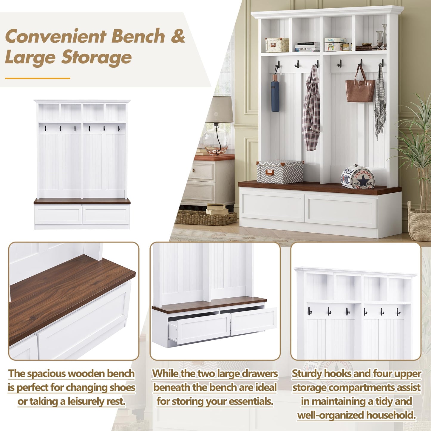 Ball & Cast Farmhouse 4-in-1 Hall Tree with Bench, Versatile Coat Rack with 2 Storage Drawers & Hanging Hoooks, Entryway Organizer Shoe Cabinet with Open Shelves for Living Room, White