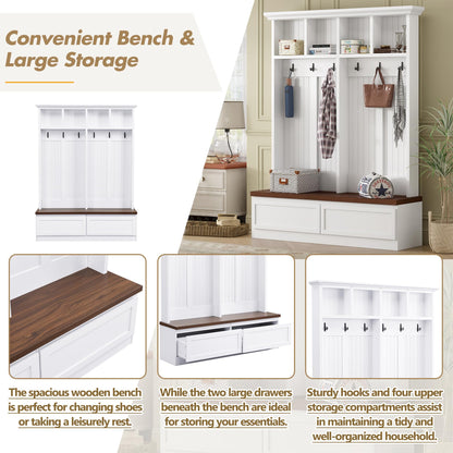 Ball & Cast Farmhouse 4-in-1 Hall Tree with Bench, Versatile Coat Rack with 2 Storage Drawers & Hanging Hoooks, Entryway Organizer Shoe Cabinet with Open Shelves for Living Room, White