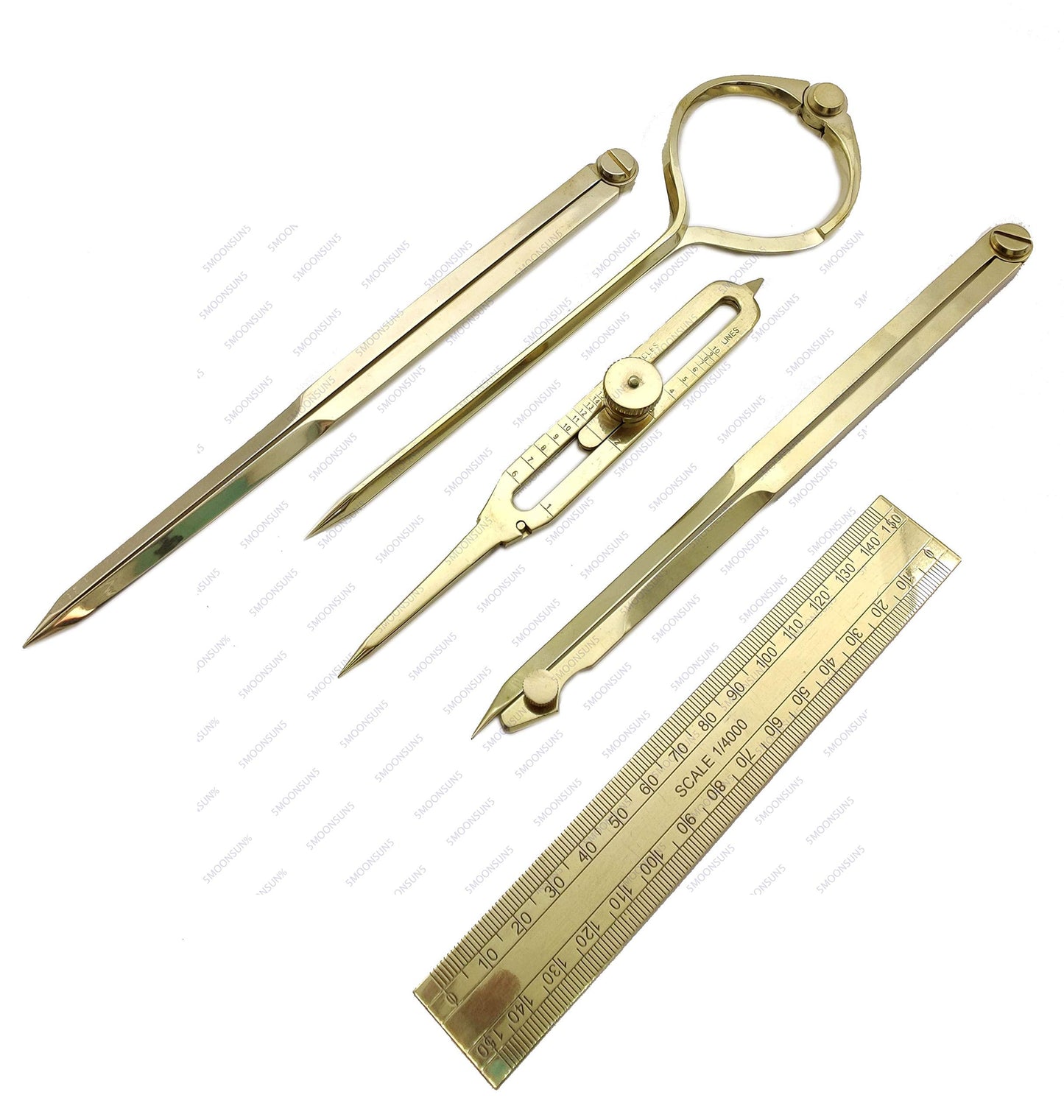 Proportional Divider Set of 5, Full Brass dividers with Executive Wooden Box, Single Handed 8" Brass Navigational Dividers Compass Set for Maritime, Naval, Geometry and Drafting