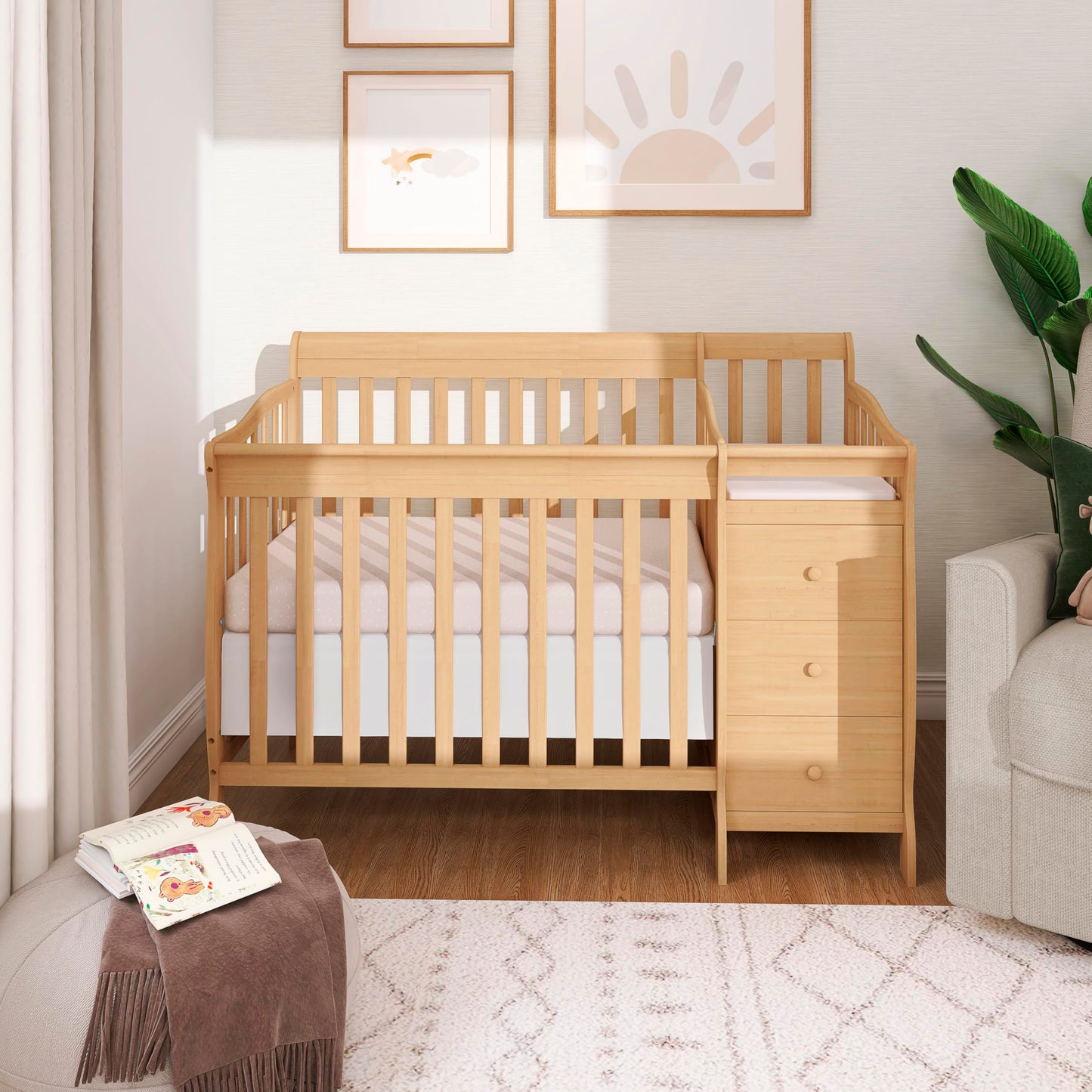 Dream On Me Jayden 4‑in‑1 Mini Convertible Baby Crib & Changer with Storage in Natural, Pinewood, GreenGuard Gold & BSA, 1” Mattress Pad, 3 Mattress Heights, Converts to Mini Day & Twin-Size Bed