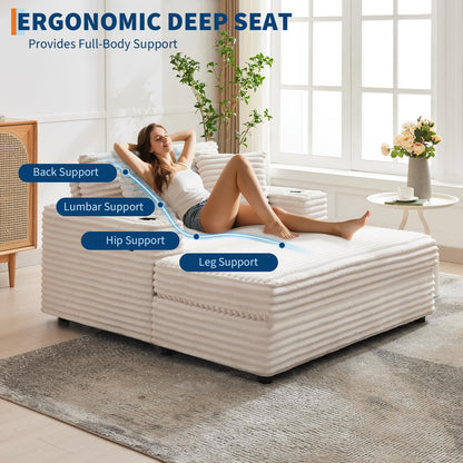GarveeHome 60-inchOversized Chaise Lounge Chair Indoor, Comfy Corduroy Lounge Sofa with Charging Station, Cup Holders & Throw Pillows, Cozy Sleeper Couch for Living Room Apartments, Beige
