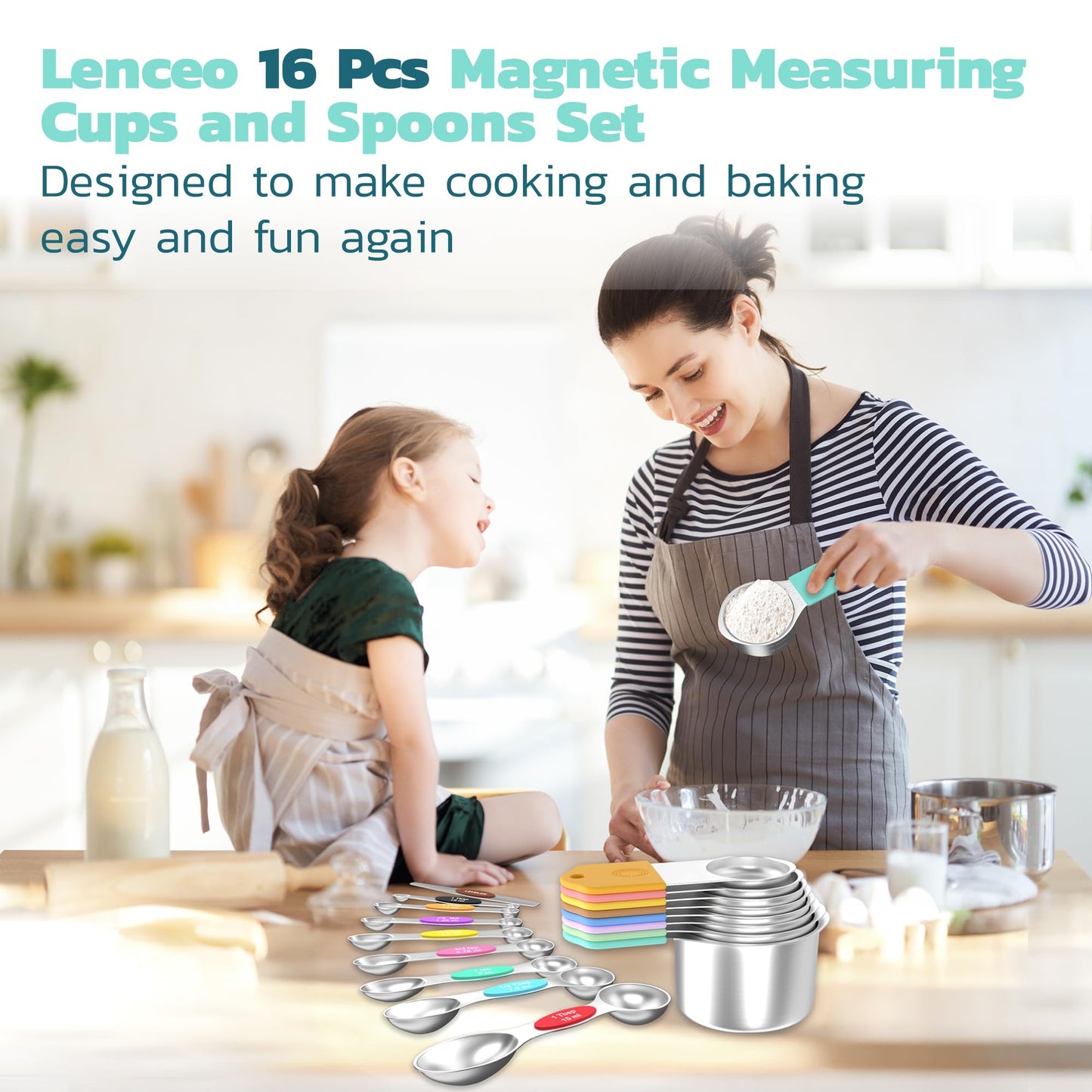 Magnetic Measuring Cups and Spoons Set of 16 - Stackable Stainless Steel Magnetic Measuring Spoons Set with Leveler - Dual Marking Scale Measuring Cup for Dry and Liquid Ingredients (Black)