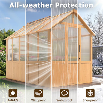 EROMMY 6x10 FT Wooden Greenhouse for Outdoors, Walk-in Greenhouse Kit with 4mm Polycarbonate Panels, Adjustable Roof Vent, Lockable Door, Backyard Greenhouse for Plants and Vegetables