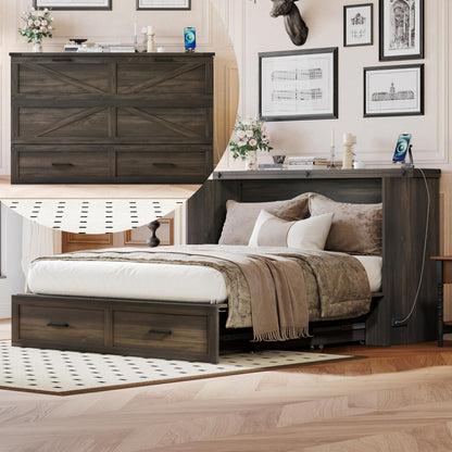 Ball & Cast Murphy Bed Queen,Farmhouse Hideaway Cabinet Bed with Charging Station and Large Storage Drawer,Foldable Wall Murphy Beds w/Slat Support,Space-Saving Furniture for Study,Office,Rustic Gray