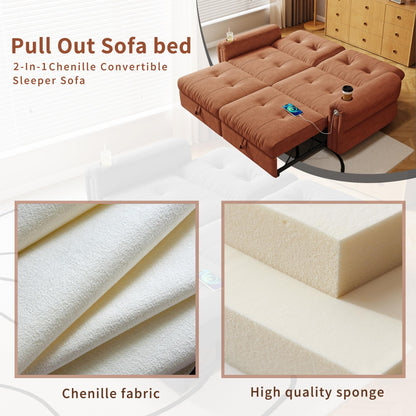 KEIKI 3 in 1 Sleeper Sofa Bed, 80.4" Pull Out Couch, Loveseat Sofa Futon Bed with USB Port for Living Room, Bedroom, Apartment, Orange