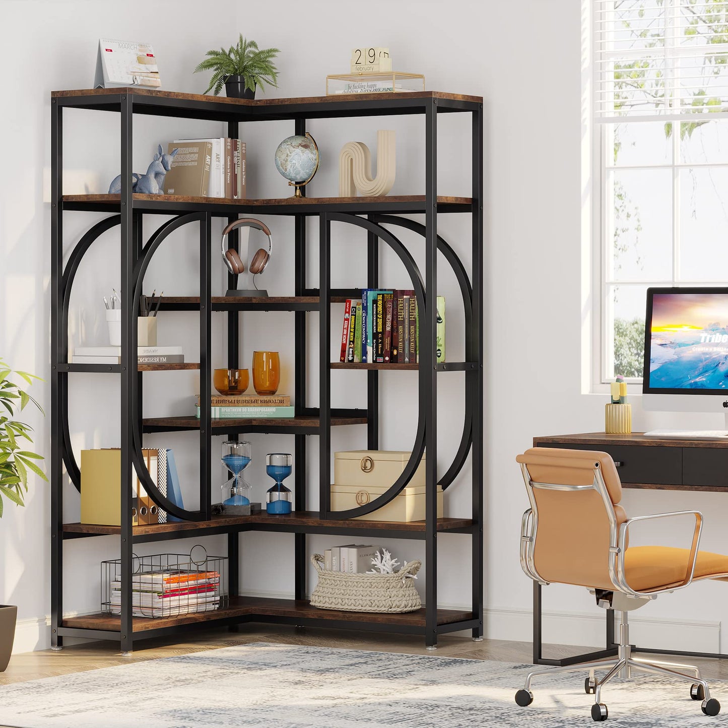 LITTLE TREE Large Corner Bookshelf Industrial Bookcase for Living Room Home Office,Brown