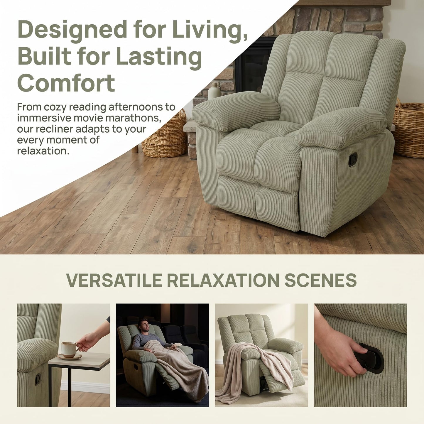 Trygoal Manual Recliner Chair, Nursery Rocking Chair, Linen Recliner Chair for Adults, Lazy Boy, Gaming Recliner wih Overstuffed Arms, Suitable for Home Theater, Living Room, Bedroom, Off-White