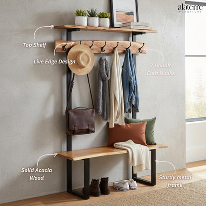 Alpine Live Edge Hall Tree with Bench and Coat Rack – Modern Rustic 48-Inch Solid Wood Entryway Organizer with Shelf, 7 Double Coat Hooks, & Bench for Mudroom or Foyer by Alaterre Furniture (Natural)