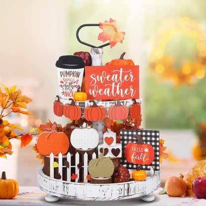Sumind 15 Pcs Thanksgiving Tiered Tray Decor Set Fall Decorations for Home Autumn Wood Signs Thanksgiving Orange Brown Table Signs Farmhouse Wooden Maple Pumpkin Gnomes Tabletop for Festival(Pumpkin)
