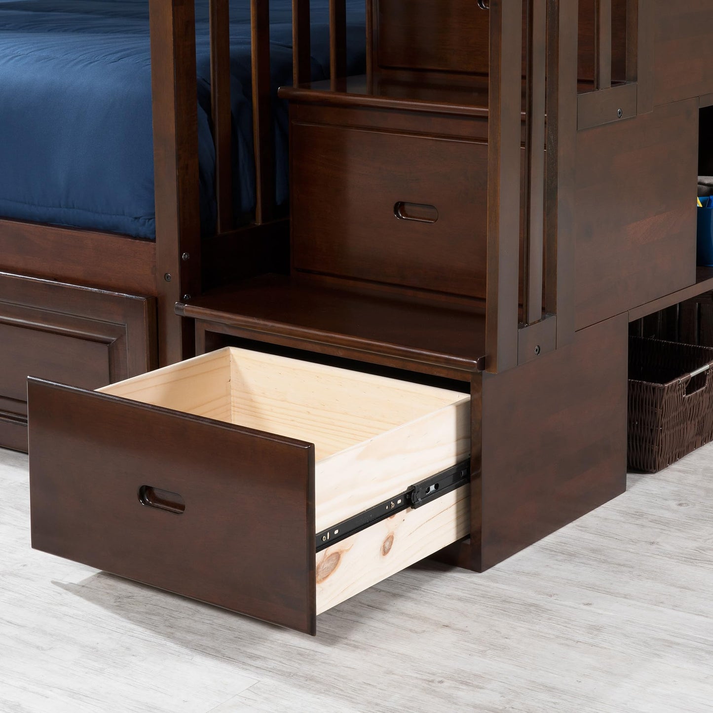 AFI, Columbia Staircase Bunk Bed Twin Over Full with Twin Raised Panel Trundle, Walnut