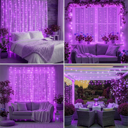 200LED 6.6x6.6ft 8 Curtain Light for Bedroom, Purple Window Wall Hanging Fairy Curtain String Light, Modes Remote Fairy