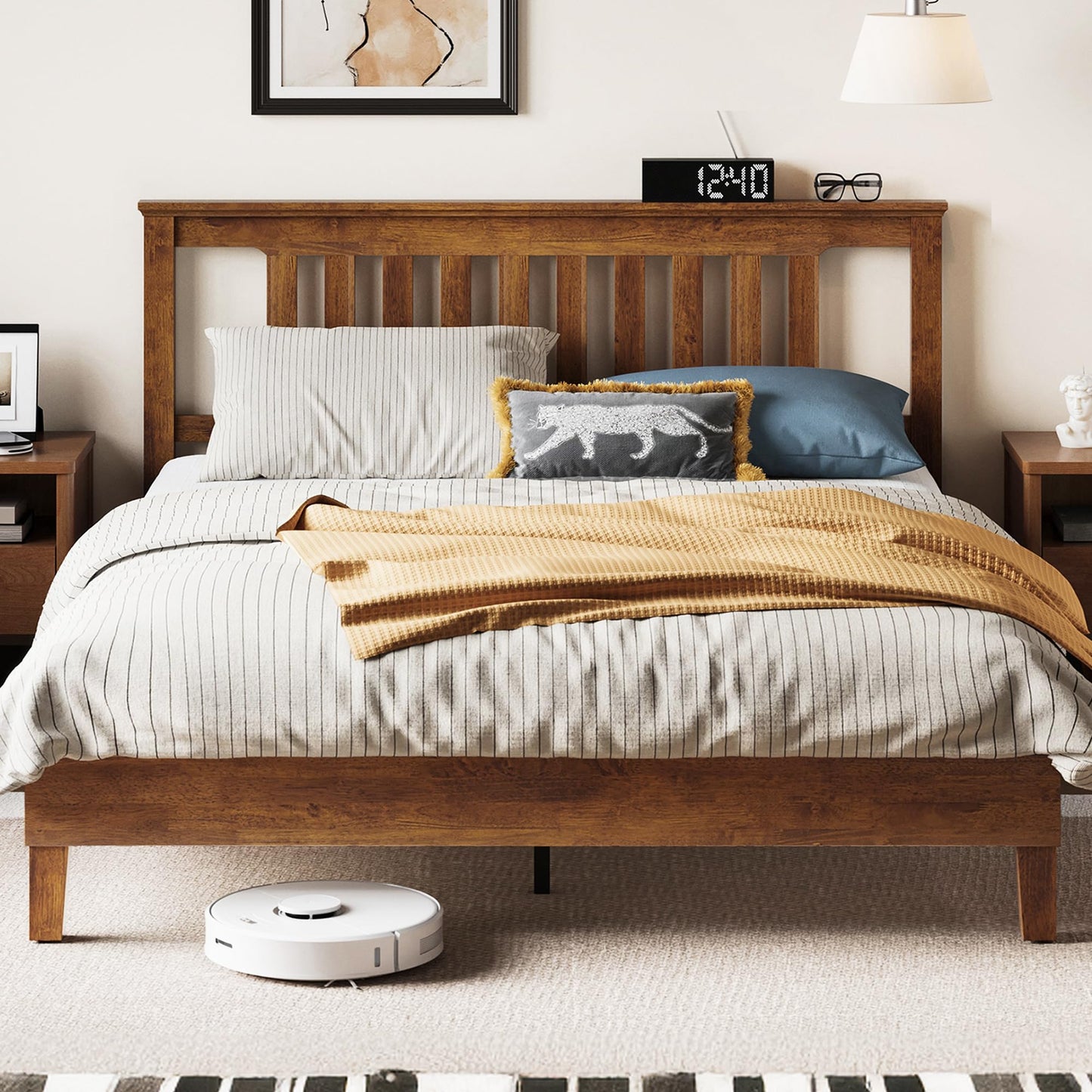 LINSY Solid Wood Bed Frame, Full Bed Frames Wooden Platform Frame with Headboard and Slat Bases, Mid Century Modern Bedframe No Box Spring Needed, Easy Assembly, Antique Walnut