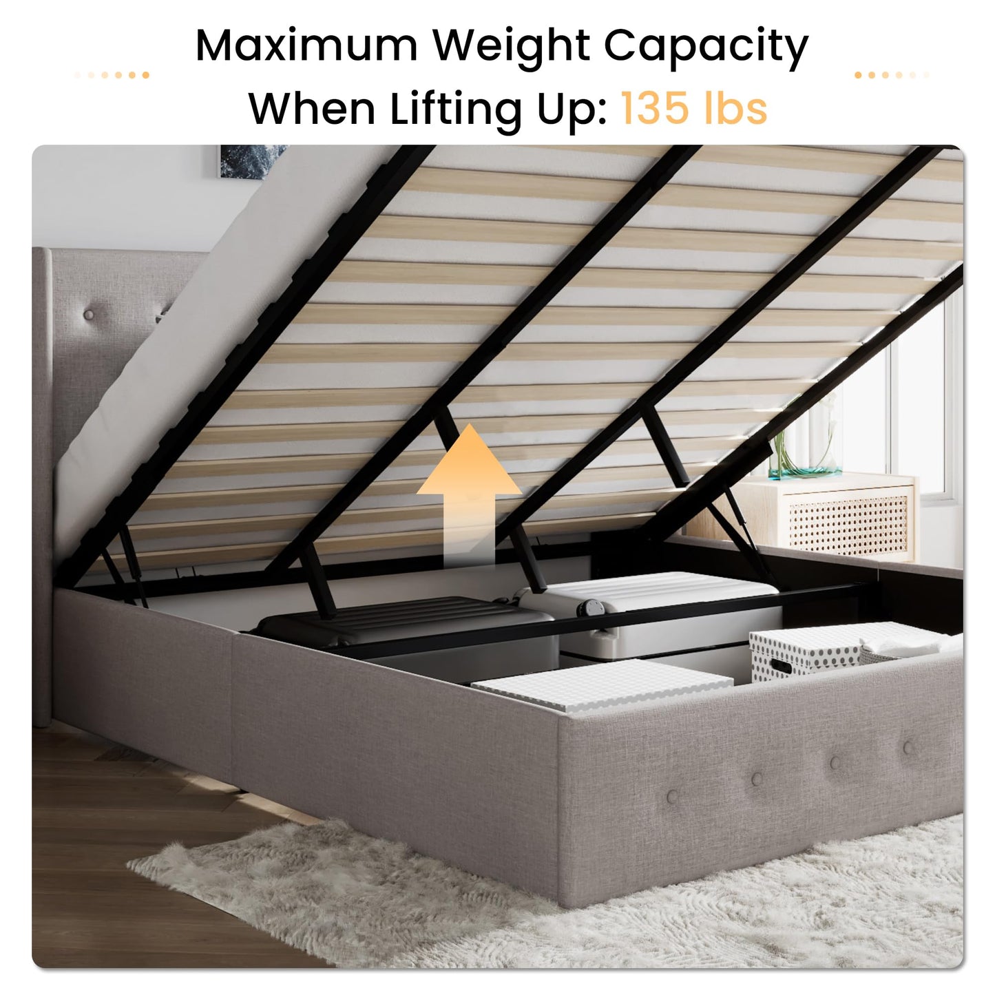 SHA CERLIN King Size Lift Up Storage Bed Frame,Button Tufted Wingback Headboard,Upholstered Platform,Hydraulic Storage,Wooden Slat Support,No Box Spring,Light Beige