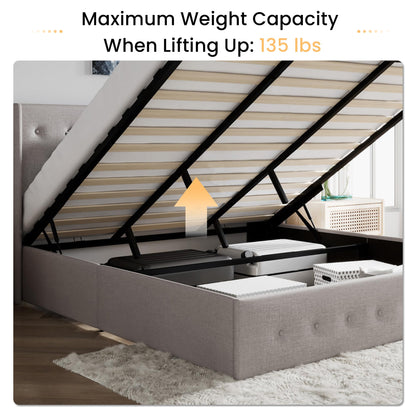 SHA CERLIN King Size Lift Up Storage Bed Frame,Button Tufted Wingback Headboard,Upholstered Platform,Hydraulic Storage,Wooden Slat Support,No Box Spring,Light Beige