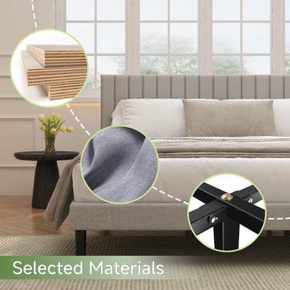 Mxhtcewz King Size Platform Bed Frame with Vertical Channel Tufted Headboard, No Box Spring Needed, Noise-Free, Easy Assembly, Light Grey Linen