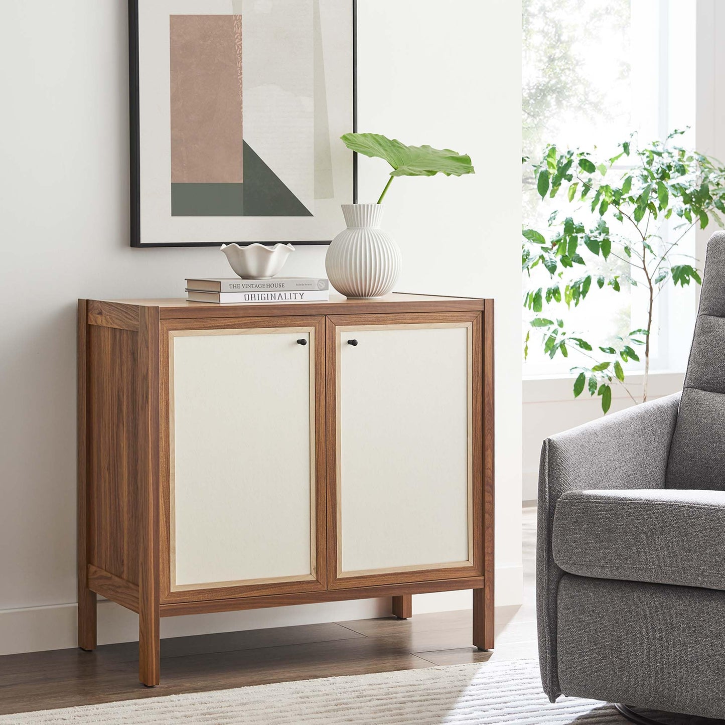 Modway Capri 33 Inch Sideboard Walnut, Hallway or Entryway Storage Cabinet with Doors, Mid-Century Modern Buffet Table or Credenza for Living or Dining Room