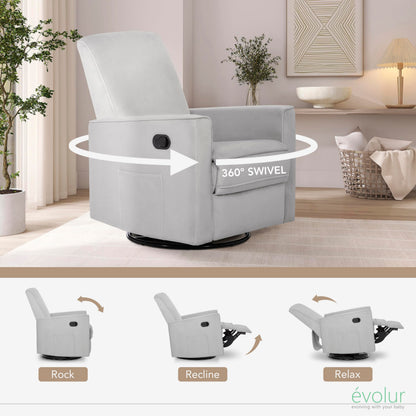 Evolur Raleigh Upholstered Manual Glider Recliner– Rocking & 360° Swivel with Smooth Glide – Greenguard Gold & FSC Certified – Modern Nursery and Living Room Chair in Grey