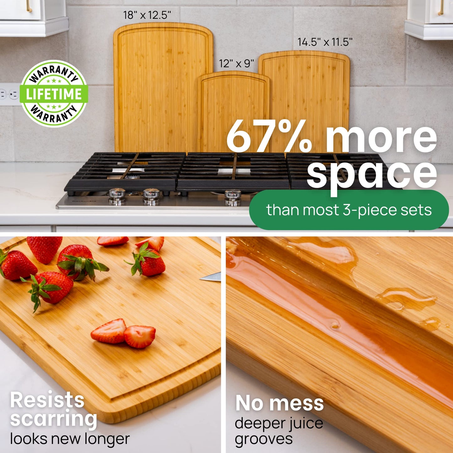 Greener Chef Luxury Wood Cutting Board 3-Piece Set with Vertical Grain Strength Technology - Extra Large Bamboo Cutting Boards for Kitchen with Deep Juice Grooves for Chopping - Lifetime Replacements