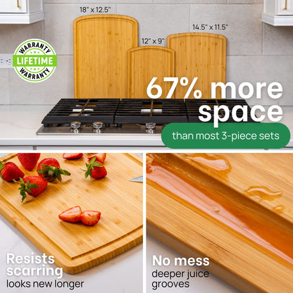 Greener Chef Luxury Wood Cutting Board 3-Piece Set with Vertical Grain Strength Technology - Extra Large Bamboo Cutting Boards for Kitchen with Deep Juice Grooves for Chopping - Lifetime Replacements