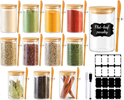 12 Pack 8 oz Set TBWIND Round Glass Spice Jars with Lids and Spoons Airtight Small Spice Containers with Labels, Clear