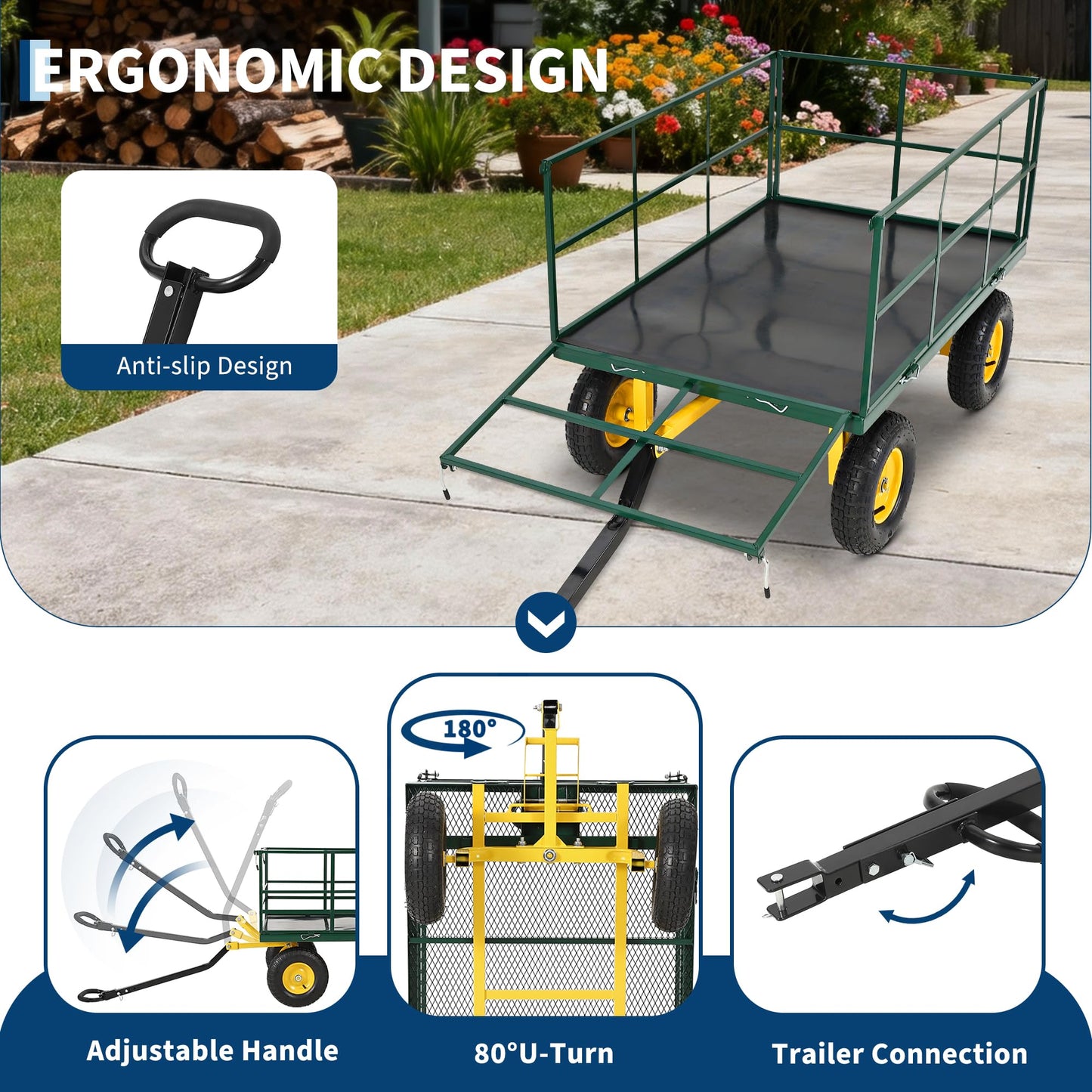 Heavy Duty 1500 Lbs Mesh Steel Garden Cart, Folding Utility Wagon with Removable Sides & All-Terrain Wheels, 3-in-1 ATV Trailer for Garden, Lawn and Farm Hauling