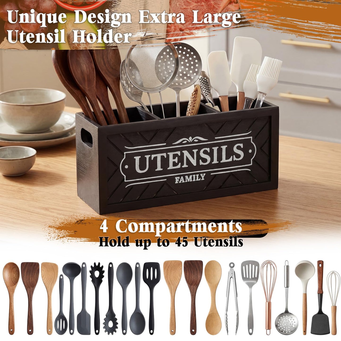 Novabright Extra Large Kitchen Utensils Holder with Drying Mat 13.8 Inch Wooden Utensil Organizer for Kitchen Countertop with 3 Compartments Cooking Storage Caddy Rustic Farmhouse Decor