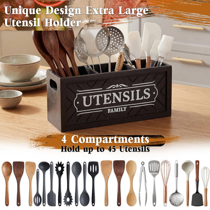 Novabright Extra Large Kitchen Utensils Holder with Drying Mat 13.8 Inch Wooden Utensil Organizer for Kitchen Countertop with 3 Compartments Cooking Storage Caddy Rustic Farmhouse Decor