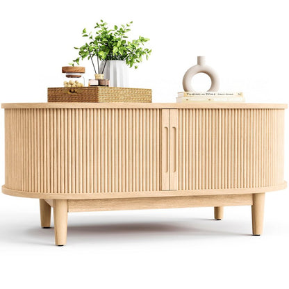 LINSY HOME Oval Coffee Table, Wood Coffee Table with Storage, Fluted Accent Center Table with Sliding Tambour Door, 39" Boho Coffee Tables for Living Room, Bedroom, Apartment, Oak