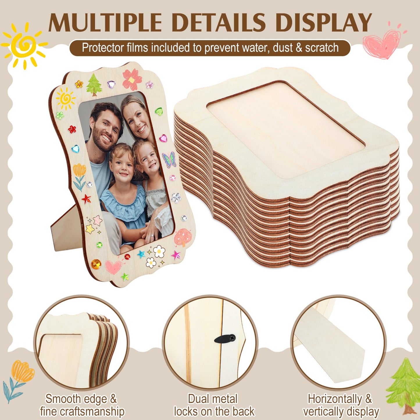 Yalikop 12 Pack Wooden Picture Frames Painting Craft Kit with Stickers DIY Wood Craft Picture Frames Bulk for 4" x 6" Photos Unfinished Standing Photo DIY Crafts for Birthday Mother's Day Gift