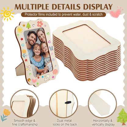 Yalikop 12 Pack Wooden Picture Frames Painting Craft Kit with Stickers DIY Wood Craft Picture Frames Bulk for 4" x 6" Photos Unfinished Standing Photo DIY Crafts for Birthday Mother's Day Gift