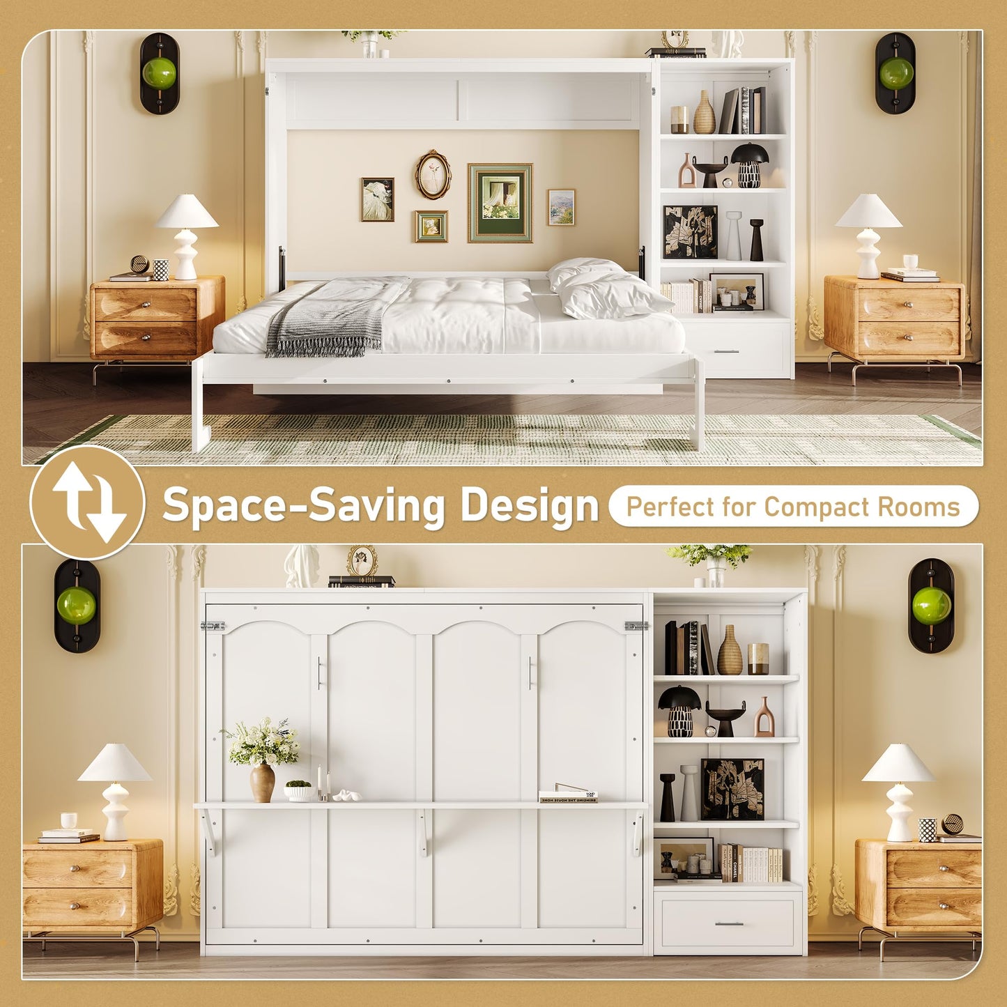Murphy Bed Queen,Murphy Bed with Height Adjustable Storage Compartments and Shelf,Wall Bed Frame w/ 1 Drawer, Multifunctional Foldable Platform Bed for Bedroom,Guest Room,White