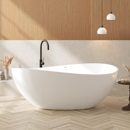 FerdY Lamu 63" Stone Resin Freestanding Bathtub, Gracefully Shaped Freestanding Bathtub, Solid Surface Soaking Tub, Matte White, cUPC Certified, Pop-up Drain and Integrated Slotted Overflow