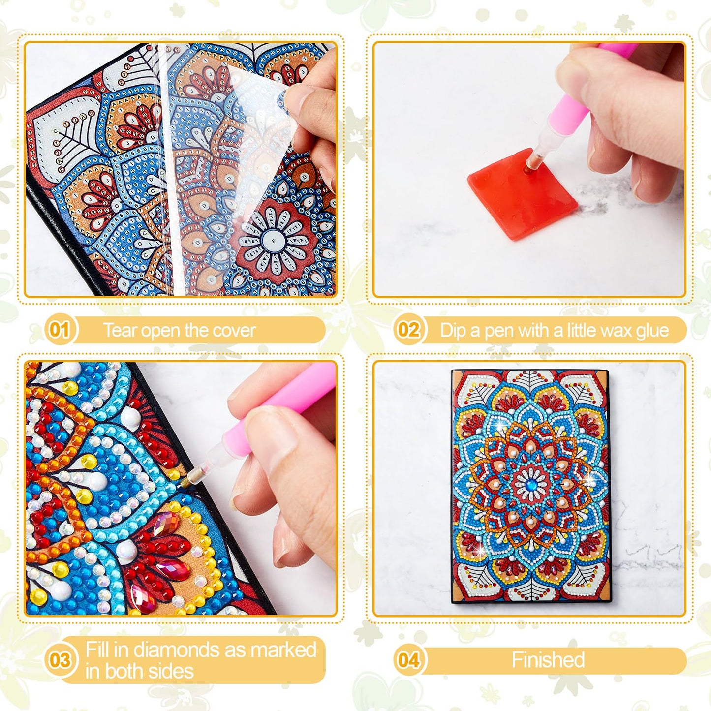 Fulmoon 4 Pcs A5 Diamond Painting Notebook Kits with Tools 5.8 x 8.3 Inch DIY 5d Art Cover Crystal Sketchbook Notepad for Teenagers' Birthdays, Graduation Crafts Gift Drawing Painting(Mandala Style)