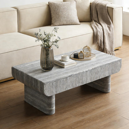 KEIKI 47" Coffee Table with Fluted Drawer, Oval Wood Coffee Table with Faux Marble Tabletop for Living Room or Office, Stylish Accent Table for Apartment or Studio, Beige Gray