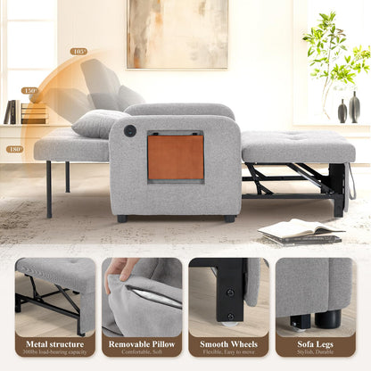 Convertible Sleeper Chair-Fabric Futon Sofa Bed, Single Sleeper Sofa, Small Couch Bed with USB Port, Foldable Table, Pillow, Adjustable Backrest for Dorm/Bedroom/College Lightgrey
