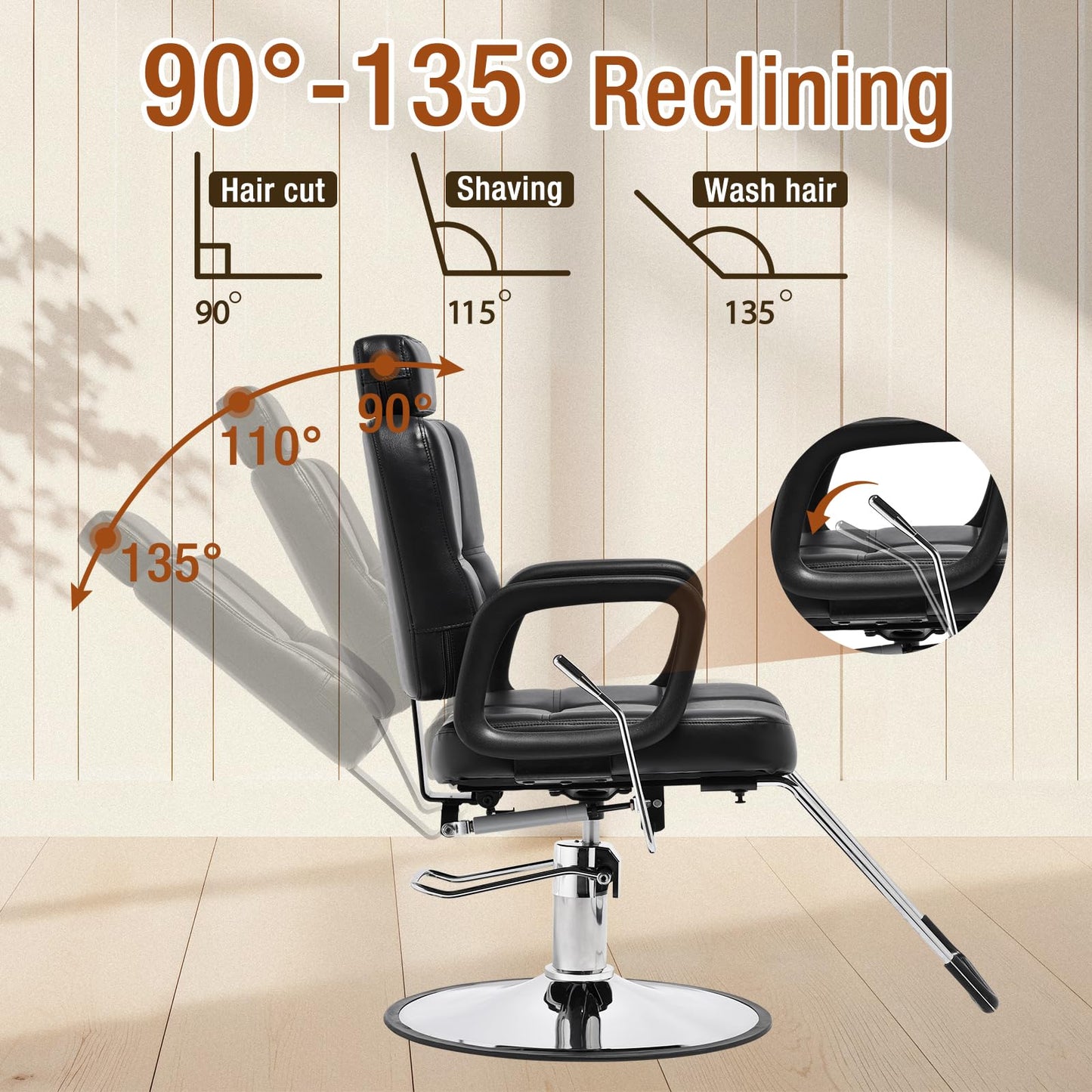 Barber Reclining Chair with Headrest - Heavy Duty Hydraulic Pump Height Adjustable,360°Swivel ,Max Load Weight 440 Lbs,Beauty Salon Spa,Barbershop,Hairdresser Cutting,Styling Stylist,Braiding,Black
