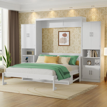 PVWIIK Queen Size Murphy Bed with Storage Drawers & Desk,Wall Bed Frame Folding into Cabinet Design w/Charging Station & Storage Shelf for Small Space,Bedroom,Guest Room,White