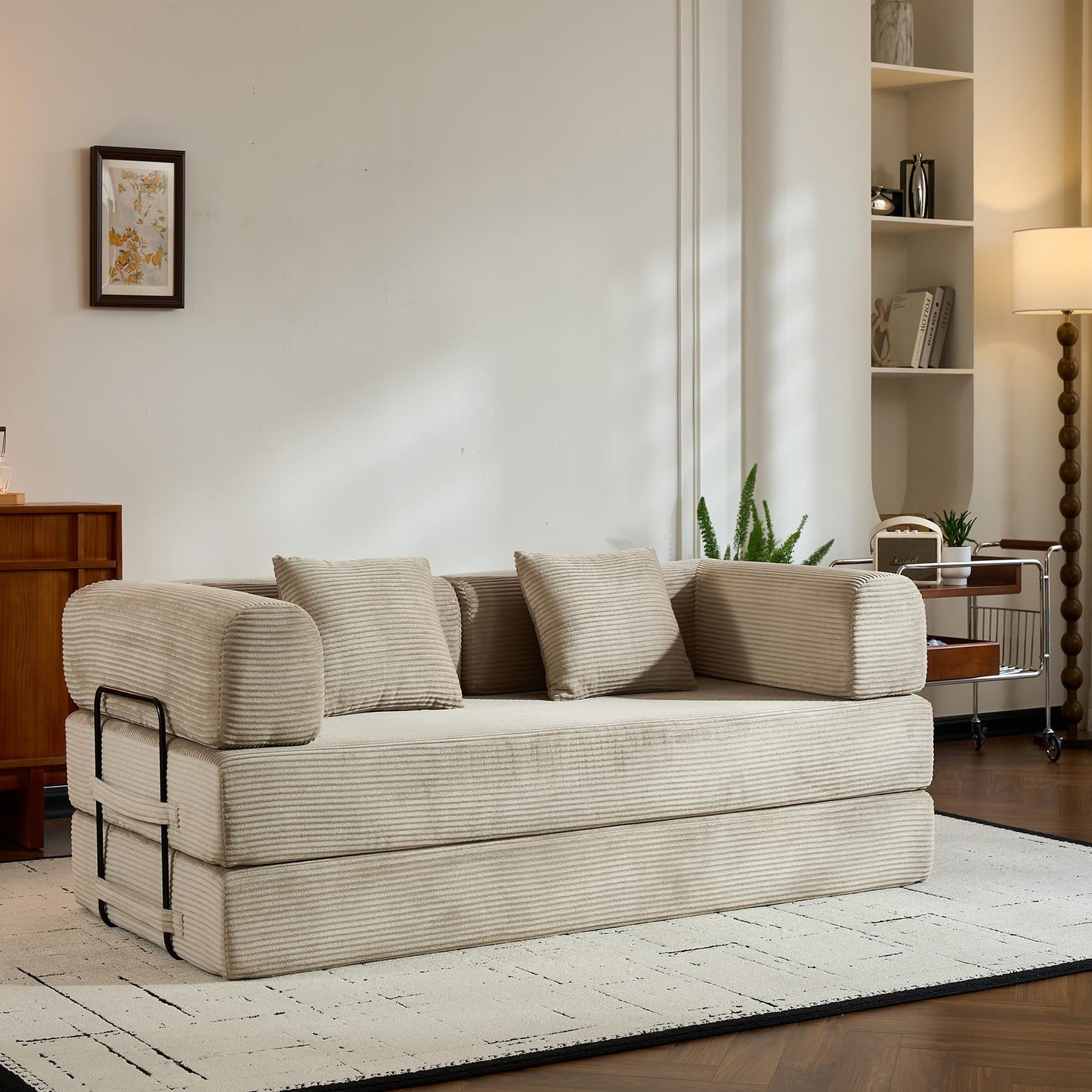 KEIKI Convertible Sleeper Sofa Bed with Cylindrical Pillow, Corduroy Folding Mattress Couch with Sturdy Frame, 4-in-1 Floor Sofa Lounge Sleeper Bed for Living Room Bedroom, Beige