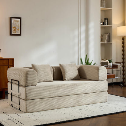 KEIKI Convertible Sleeper Sofa Bed with Cylindrical Pillow, Corduroy Folding Mattress Couch with Sturdy Frame, 4-in-1 Floor Sofa Lounge Sleeper Bed for Living Room Bedroom, Beige